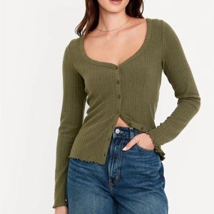 NWT Old Navy Olive Green Lattice Trim Long Sleeve Button Down Pointelle Top